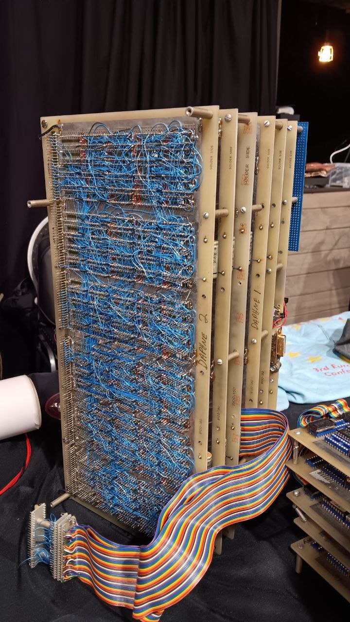 Rückseite historischer Amiga-Entwicklungsplatinen mit dichter Verdrahtung und Flachbandkabeln